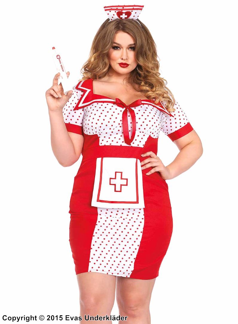 Nurse, costume dress, satin bow, short sleeves, apron, polka dot, XL to 4XL